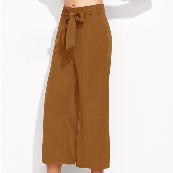 Brown Waist Tie Wide Leg Cropped Pants - Picture 3 of 5